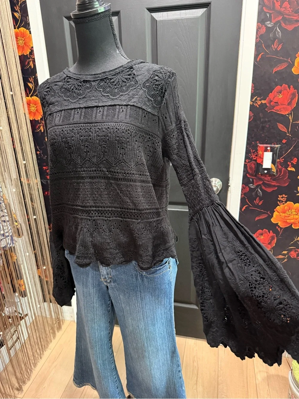 Free People Once Upon A Time Lace Bell Sleeves Top In Black